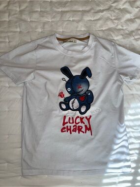 Lucky Charm Brand White Tee with Navy Bunny and Red Text